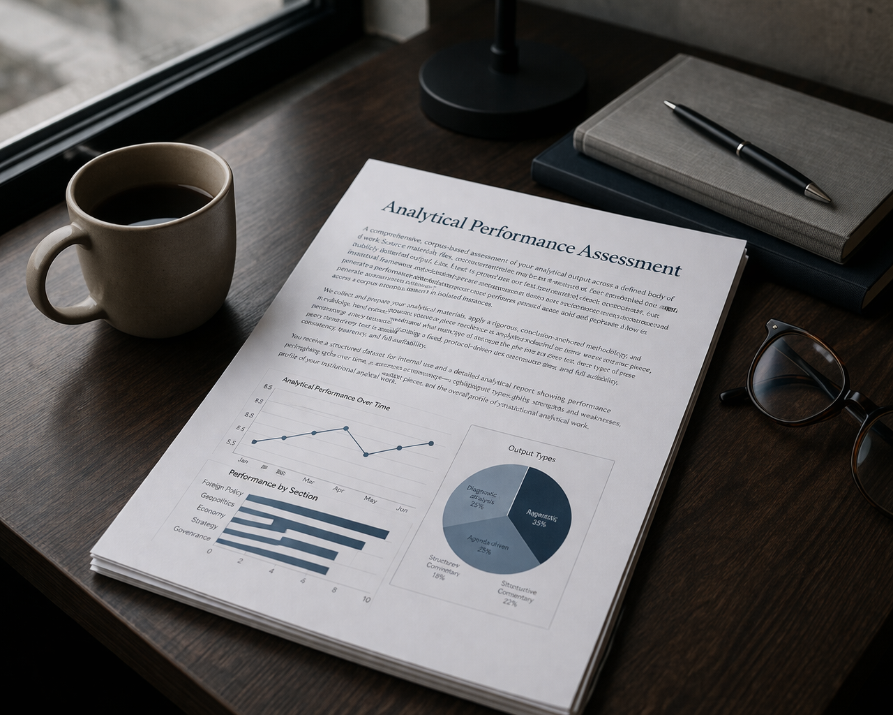 A desk with a cup of coffee, a report titled 'Analytical Performance Assessment,' a closed notebook, a pen, eyeglasses, and two closed books, all next to a window.