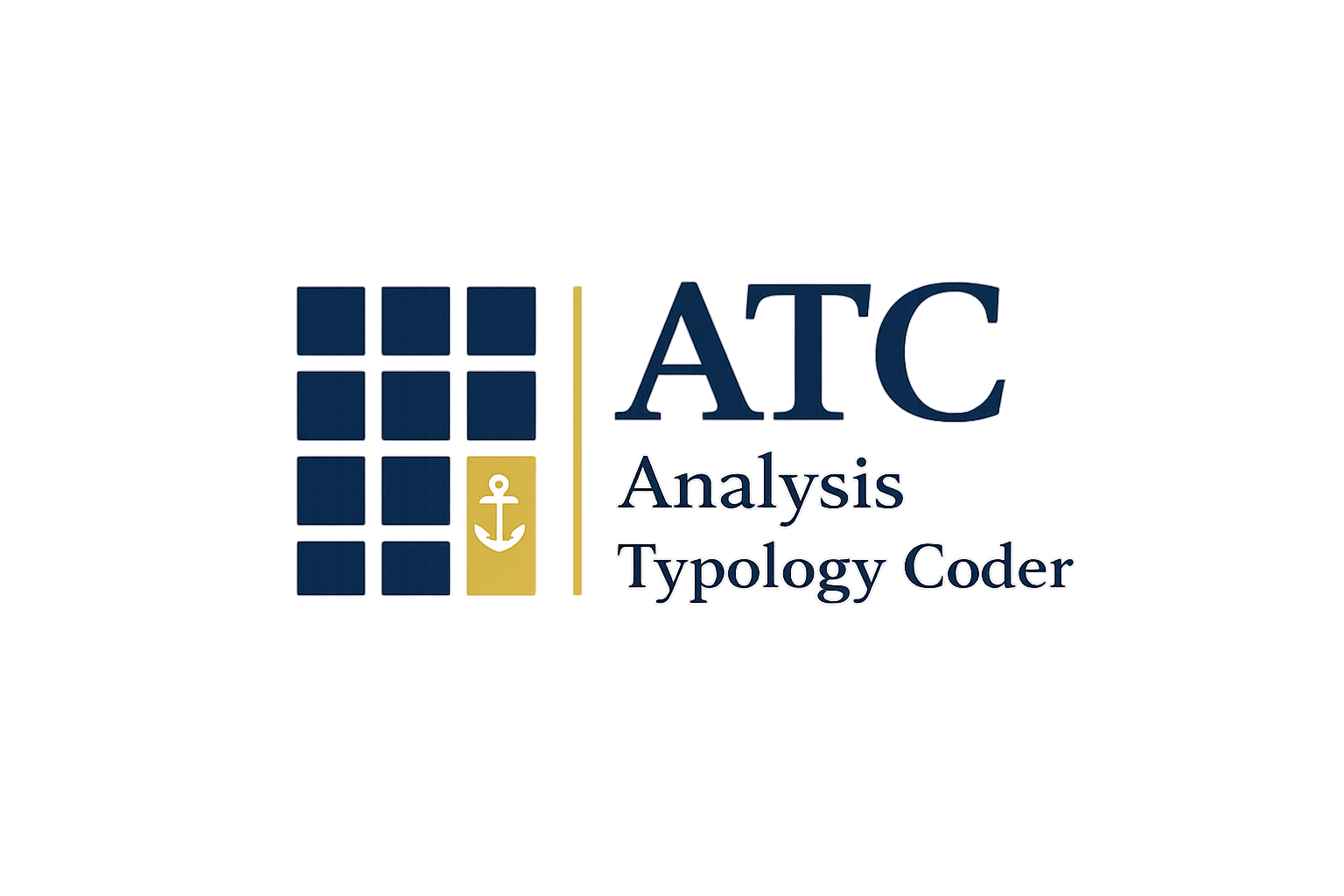 The image contains the logo and title for 'AIC Analysis Typology Coder' with colored graphic elements and a grid icon that has an anchor symbol.