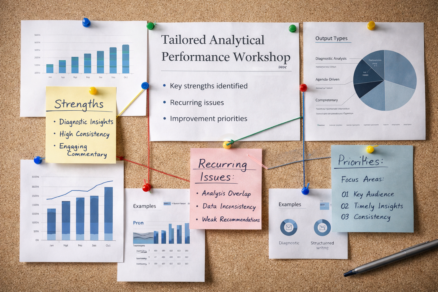 A cork bulletin board with multiple sheets of paper pinned with colorful push pins, displaying charts, graphs, and notes related to a performance workshop, including a bar graph, pie chart, and handwritten notes.