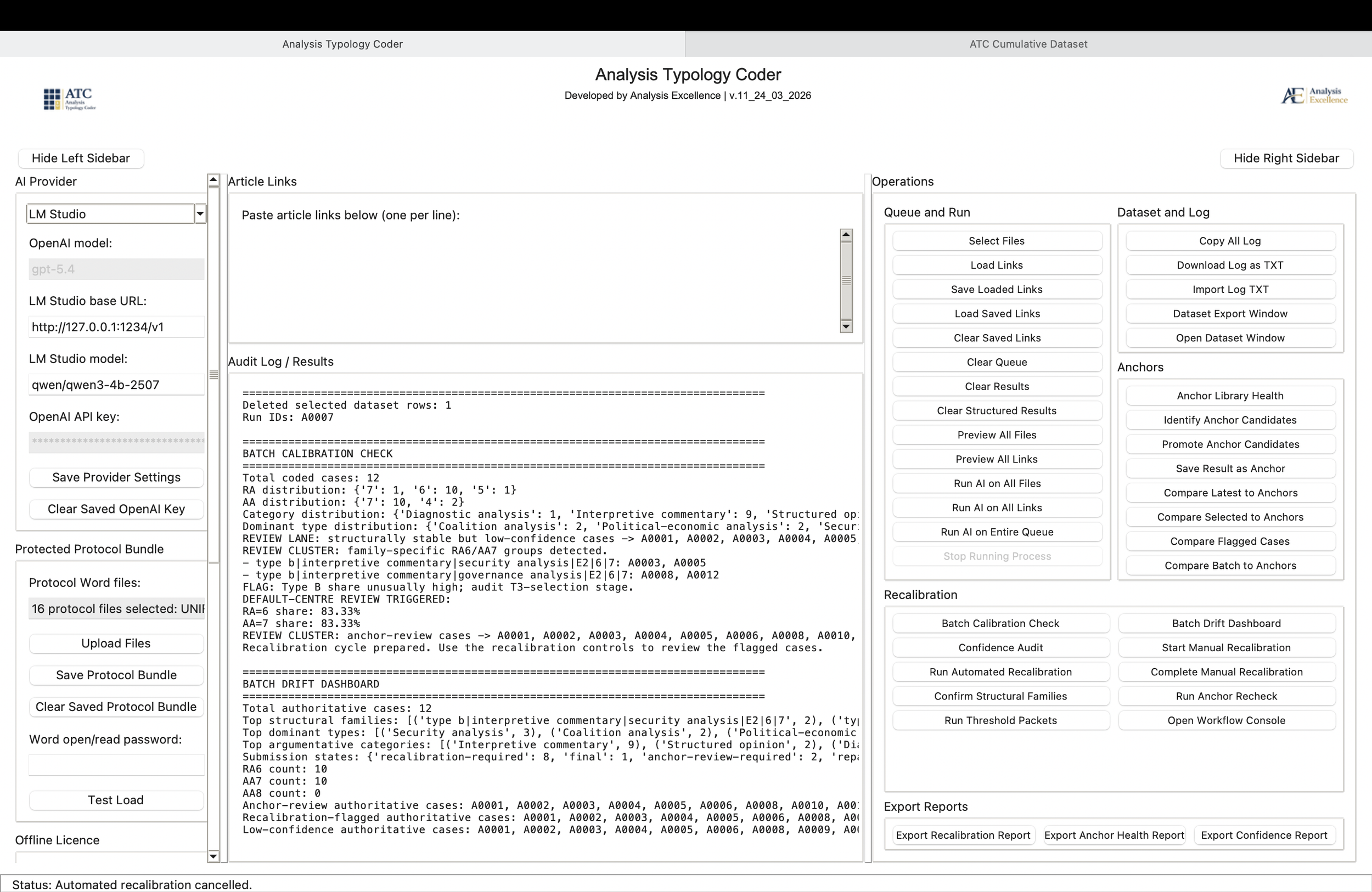 Screenshot of a software interface titled 'Analysis Typology Coder,' showing various options for data analysis, including article links, audit logs, operations, dataset log, anchors, recalibration, export reports, and status.