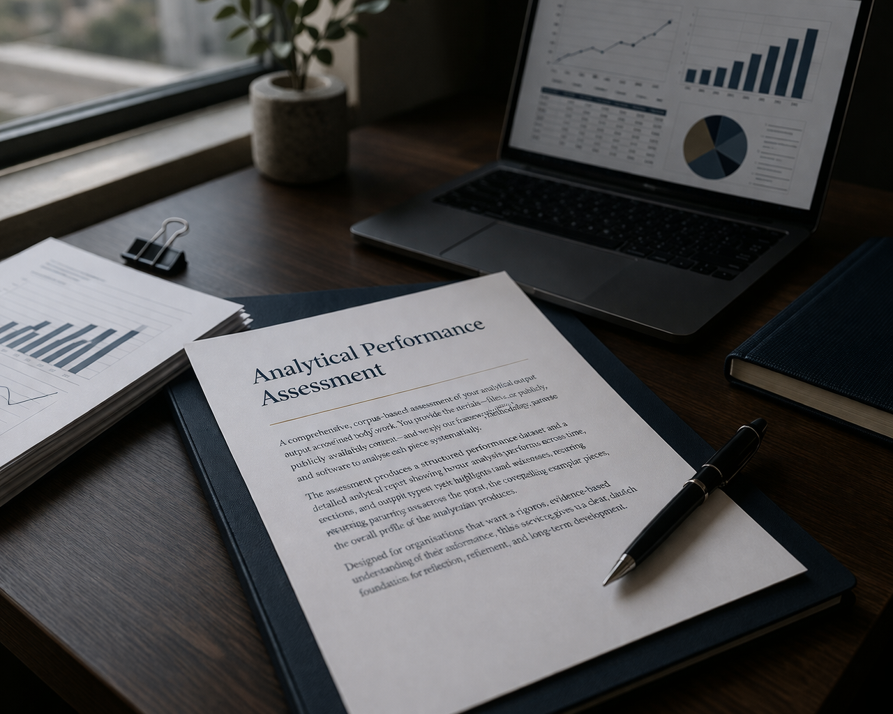 A desk with a report titled 'Analytical Performance Assessment,' a pen, a laptop displaying graphs, some binders, and a notepad with printed charts, near a window with a small plant in the background.