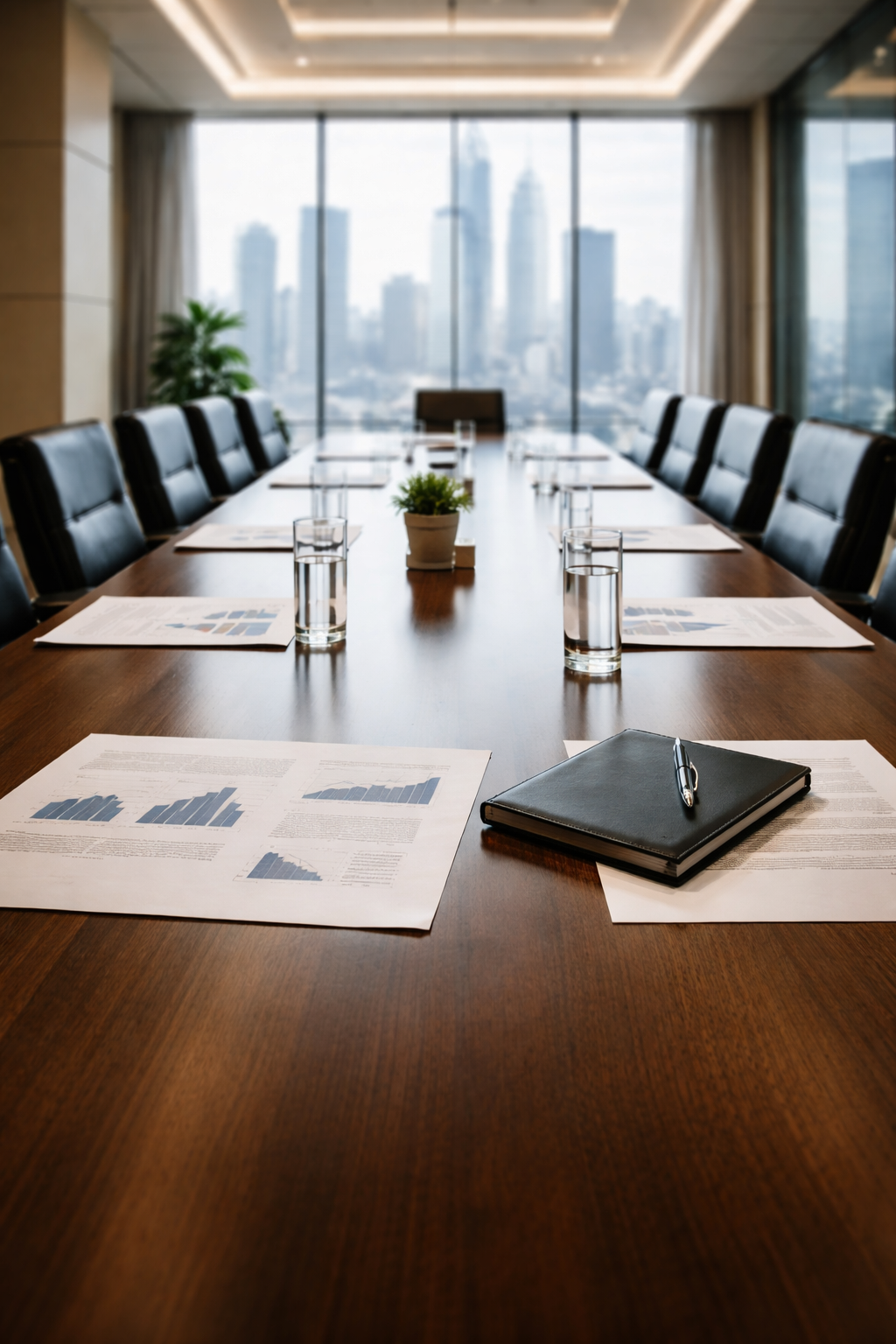 A modern conference room with a long wooden table, black leather chairs, glass of water, documents, a closed notebook with a pen, and a small potted plant. Large windows with a city skyline in the background.
