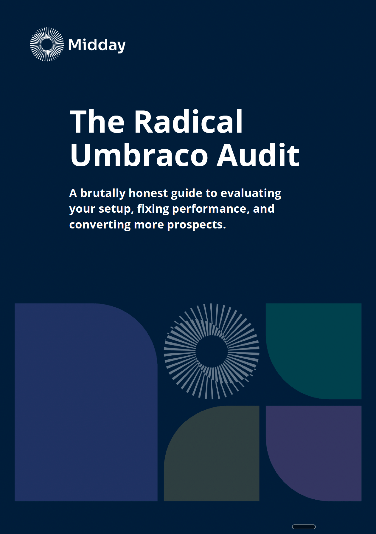 Cover page of a report titled 'The Radical Umbraco Audit' with a dark blue background and geometric circular and square design elements.