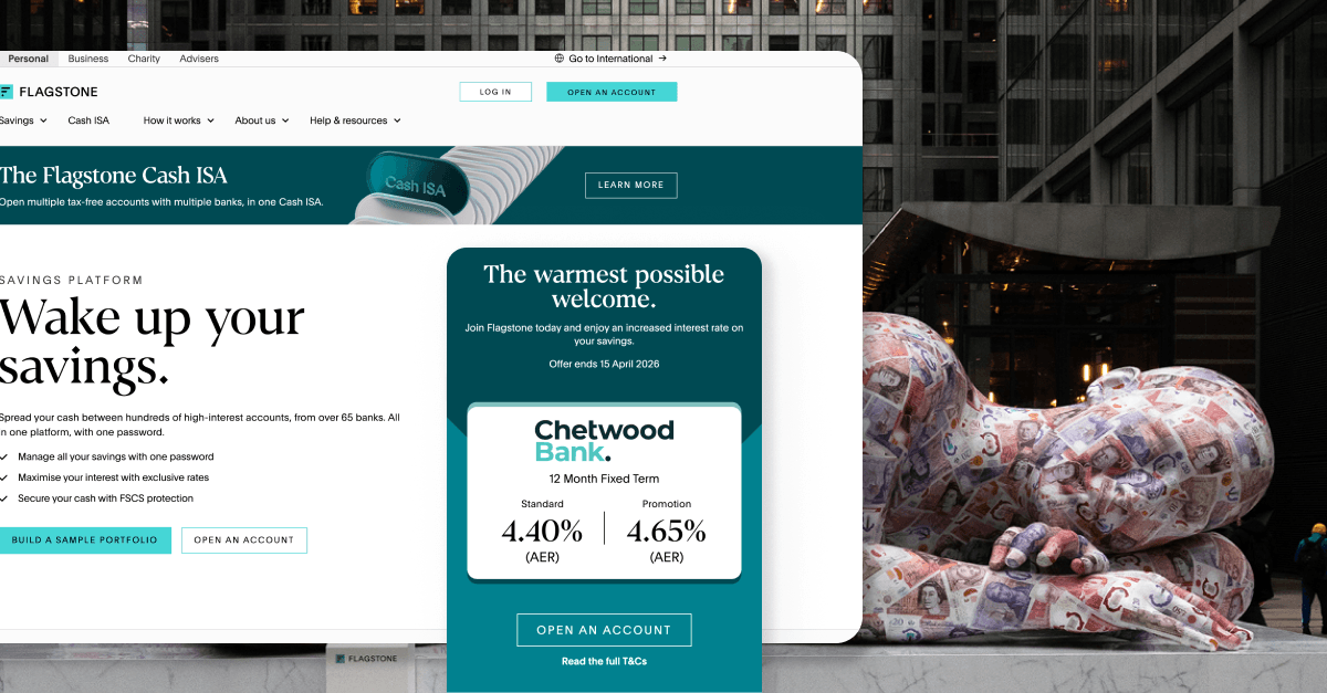 Screenshot of a financial institution's website promoting savings accounts and investment options, with a large modern city building and a sculpture of a sleeping baby covered in banknotes in the background.