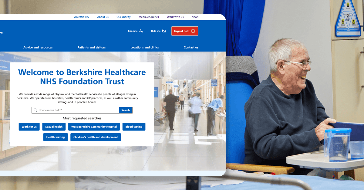 Screenshot of an NHS website, with a smiling elderly man sitting at a table in a healthcare facility, holding a blue container, with a hospital or clinic setting in the background.