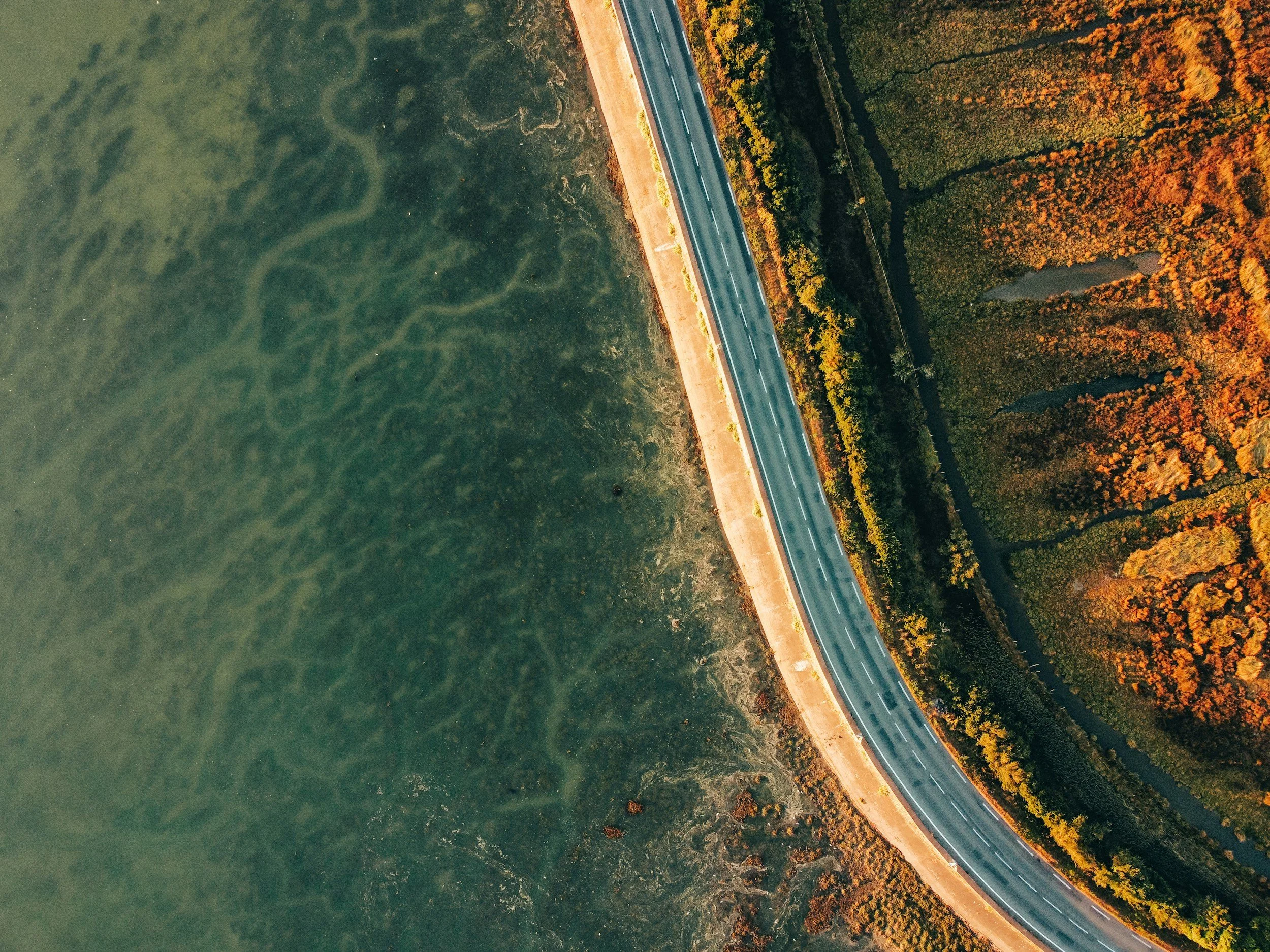 An aerial view of a highway running alongside a body of water with trees showing fall foliage.