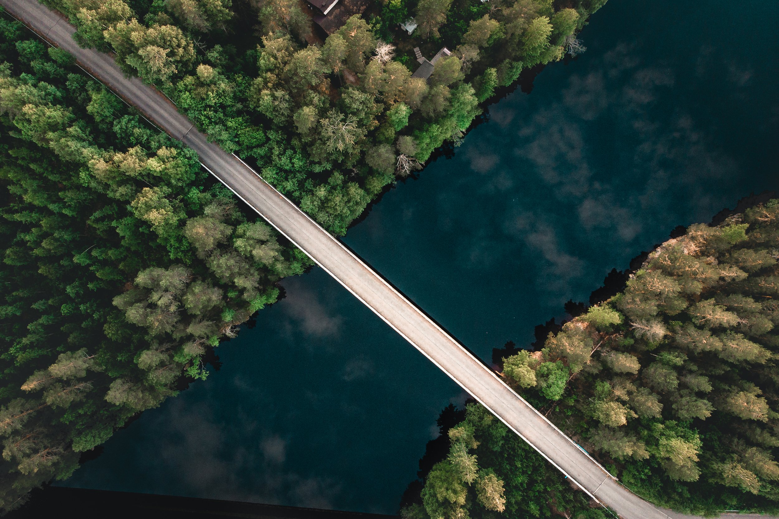 An aerial view of a river with a bridge crossing over it, surrounded by dense green trees.