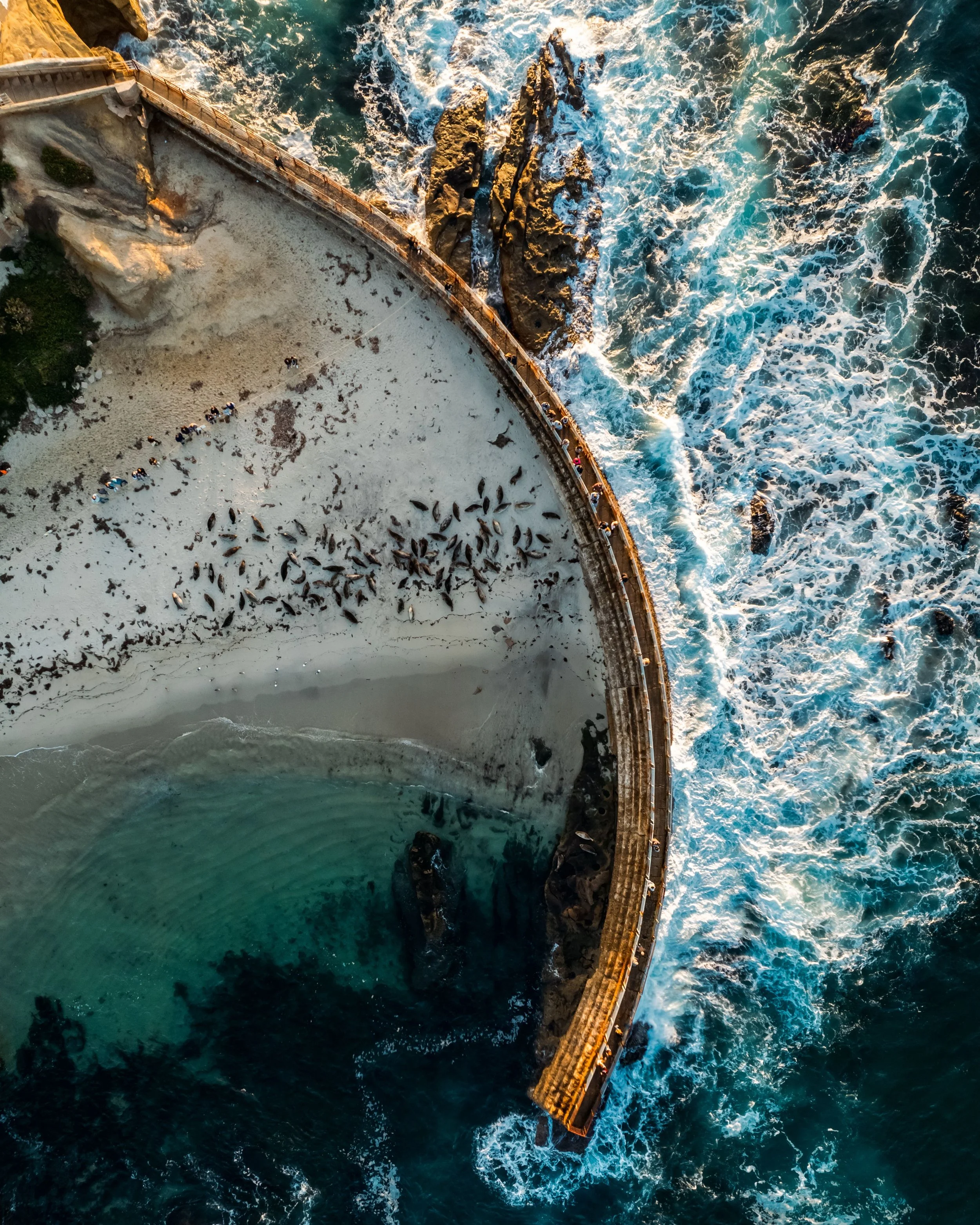 An aerial view of a person walking on a curved walkway along the rocky coast, with ocean waves crashing below.