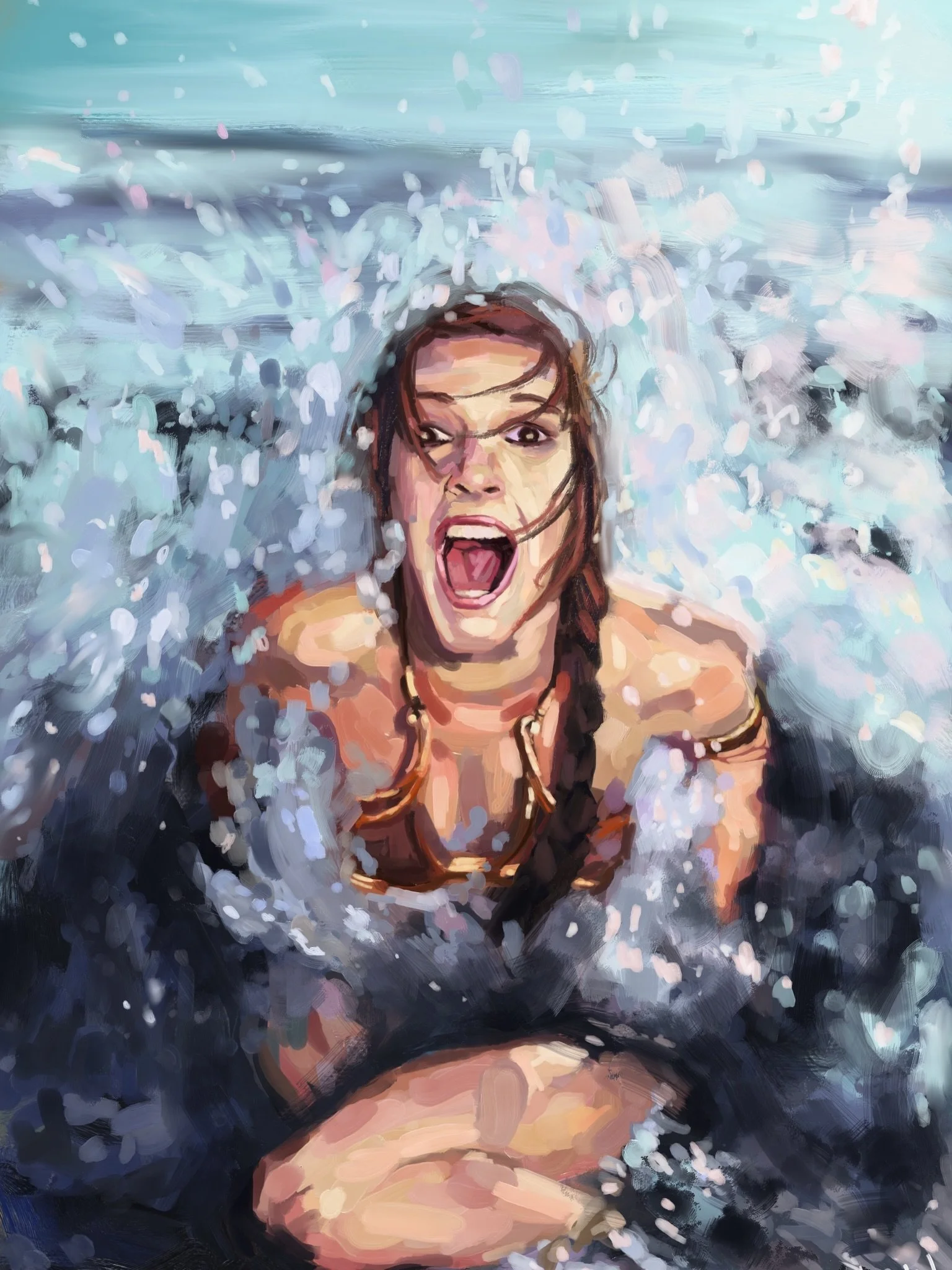 Princess Leia in a gold bikini
 
A quick painting of a rare photo for some magazine of Carrie Fisher between takes at a beach. The original shot is great. Painting water droplets is not. 
.
.
.
.
.
#contemporaryartist #princessleia #goldbikini
