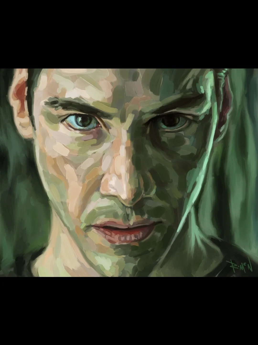 🈯️The One🈯️
 
Procreate, IPad. 
 
Neo from the matrix. I still get goosebumps listening to that score. I won&rsquo;t bore you with all the religious iconography and Easter eggs in that movie but there are more than you know. 
 
I think the likeness