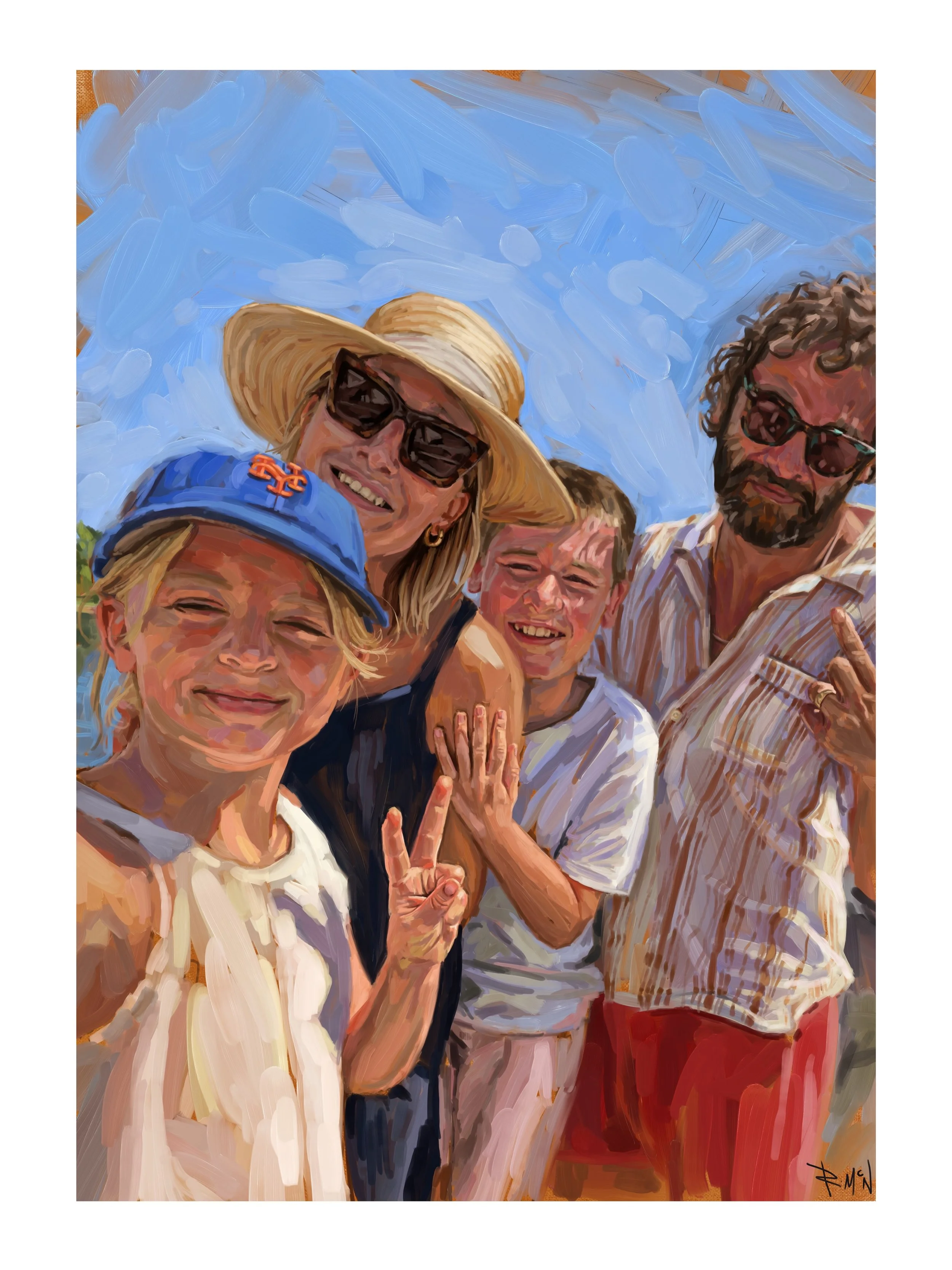 The Isherwood Burts. 
 
It was a big boys special day the other day. To celebrate it I was commissioned to paint this lovely family portrait. Aren&rsquo;t they handsome?
 
I love how this turned out. Especially the striped shirt and hands. I like pai