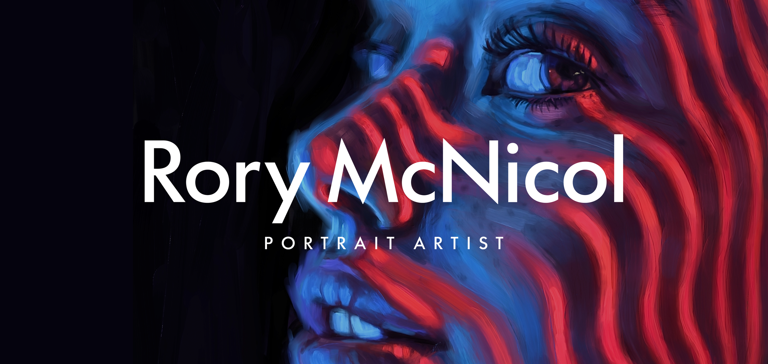 Digital portrait of a woman's face with vibrant neon red and blue lighting, with the text 'Rory McNicol Portrait Artist' overlayed.