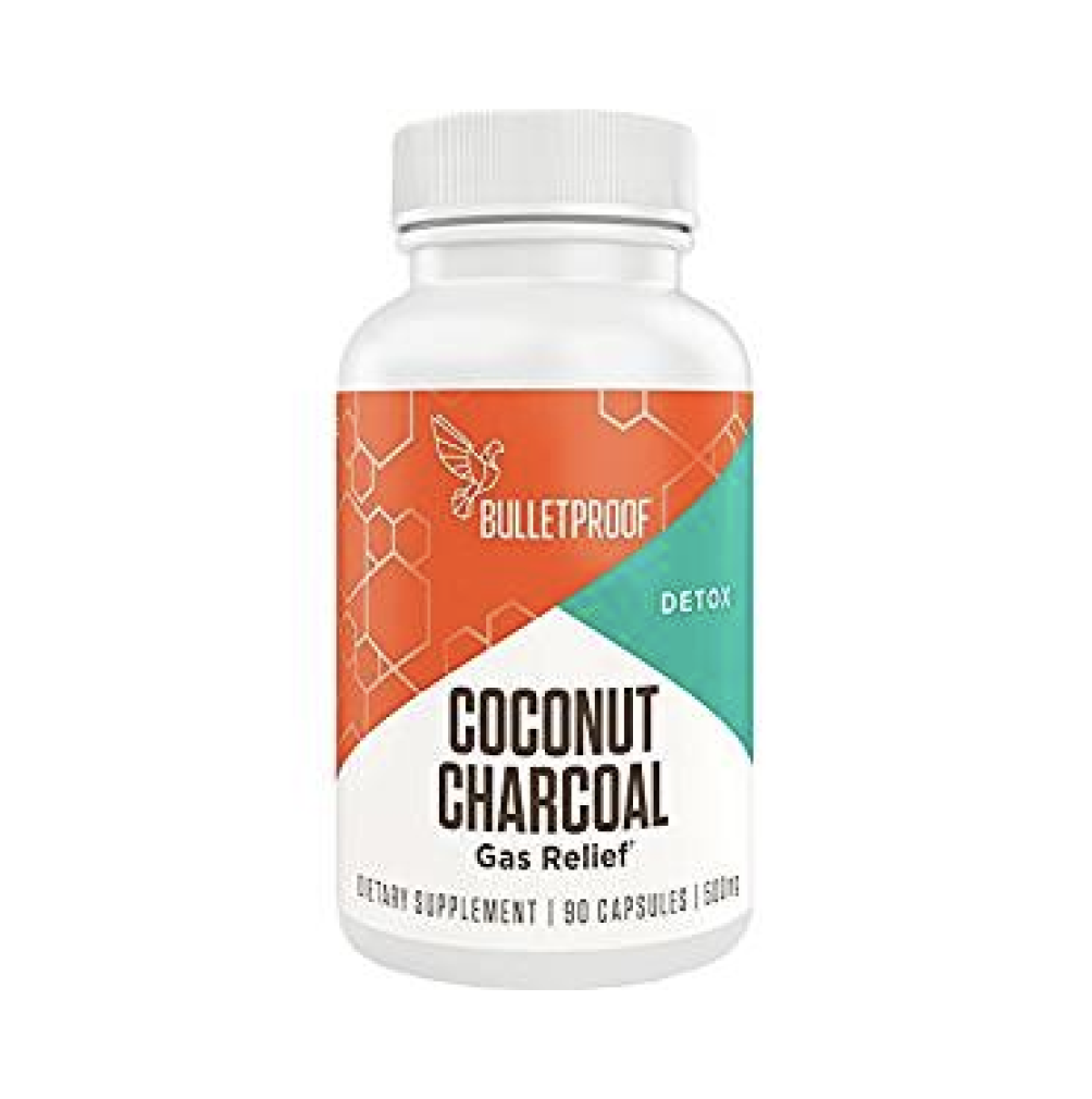 Bottle of Bulletproof Coconut Charcoal Gas Relief dietary supplement with 90 capsules.