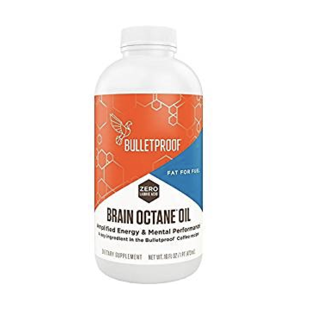 Bottle of Bulletproof Brain Octane Oil supplement with orange and blue label, hexagonal molecular pattern, and a hummingbird logo.