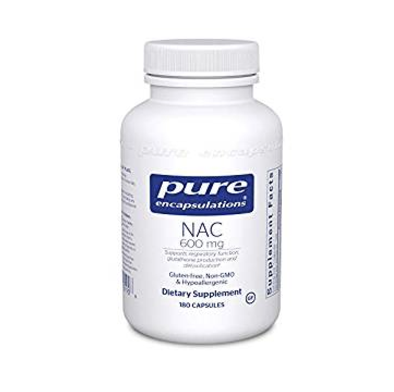 Bottle of Pure Encapsulations NAC dietary supplement with 600 mg capsules.