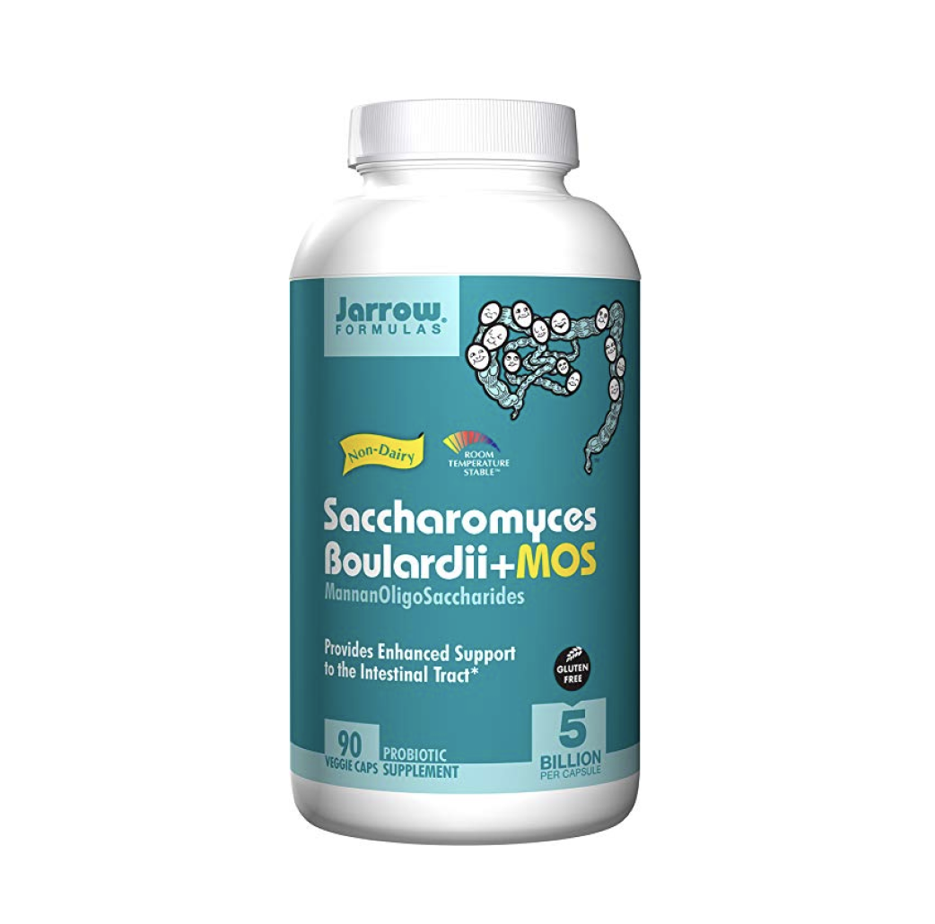 Bottle of Jarrow Formulas Saccharomyces Boulardii+MOS probiotic supplement with 'Non-Dairy' label and illustrations of smiling bacteria on the label.
