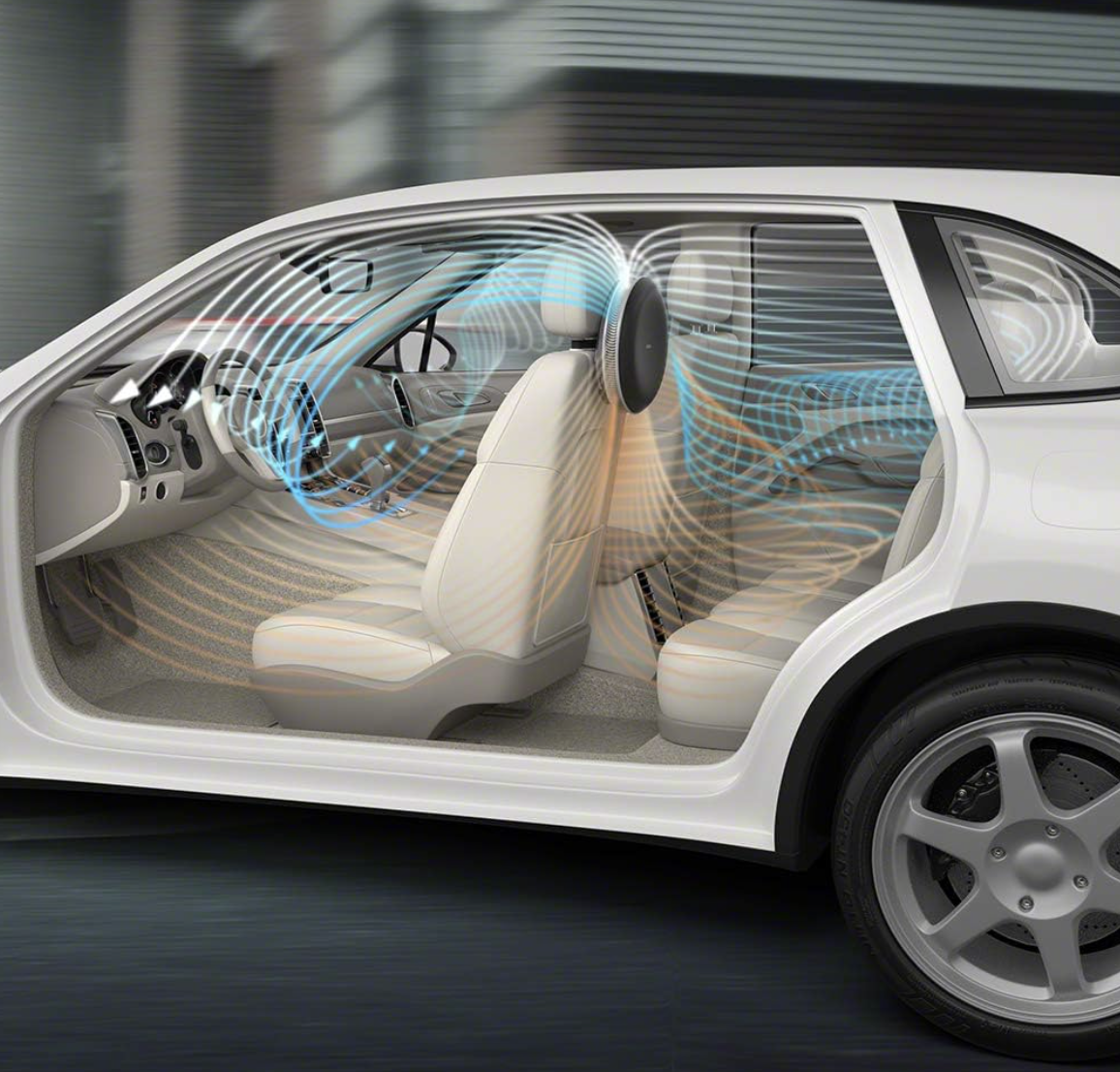 Illustration of a car interior showing a wireless audio system with colored waves emanating from speakers.
