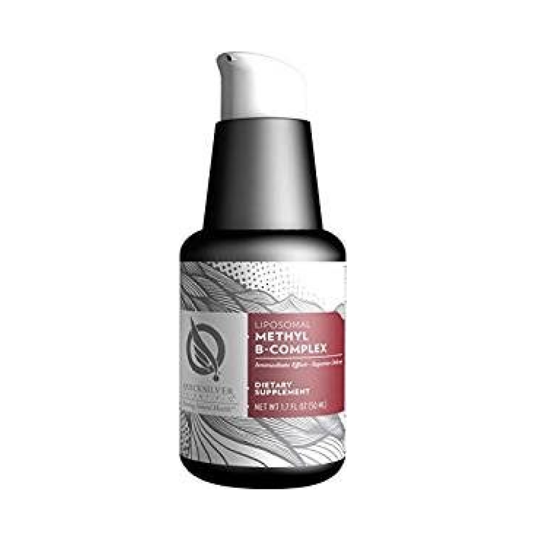 A black plastic bottle with a white pump dispenser, labeled as Lyposoma Methly B-Complex dietary supplement, with a decorative black and white floral design on the label