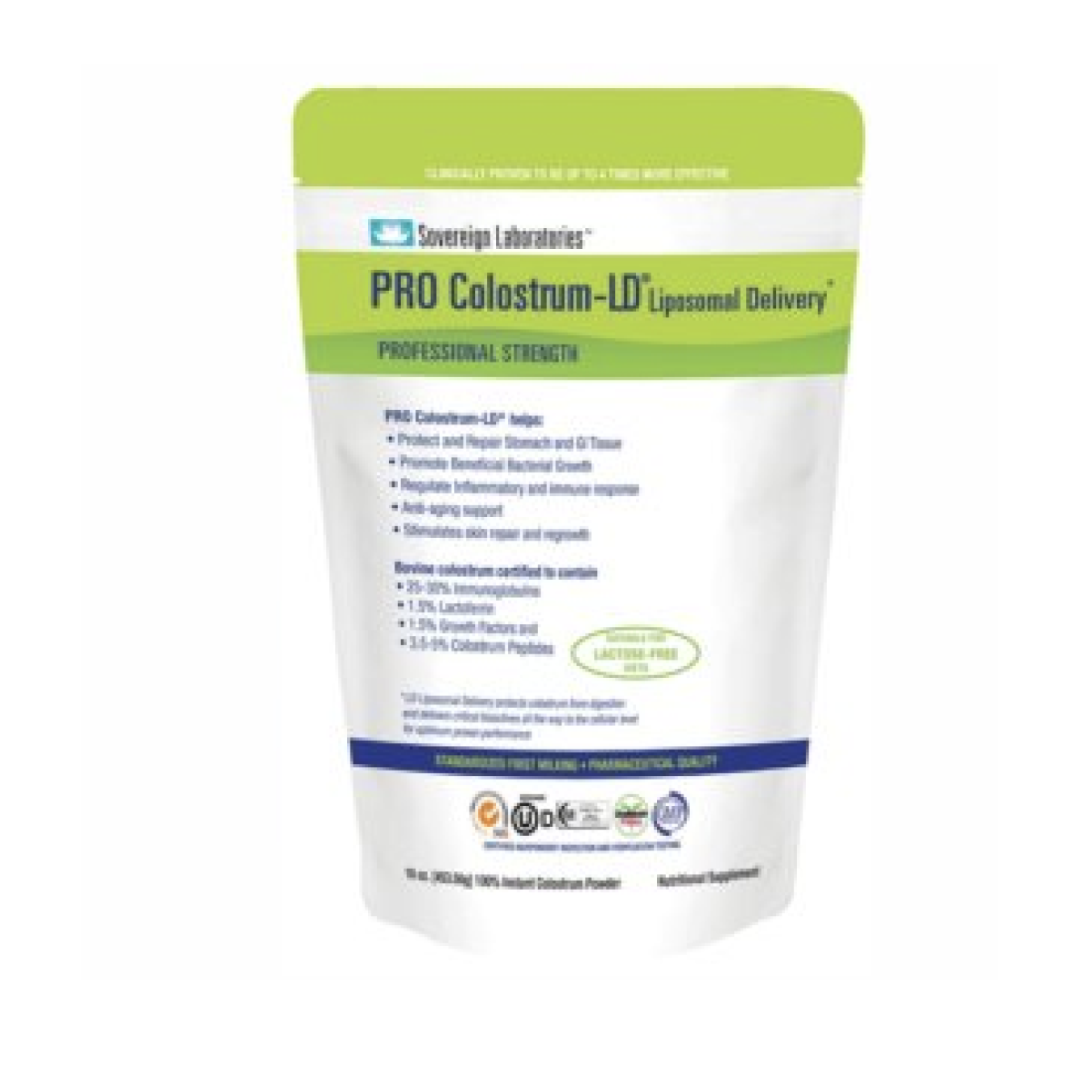 A white pouch of Sovereign Laboratories PRO Colostrum-LD liposomal delivery supplement with green and blue accents.