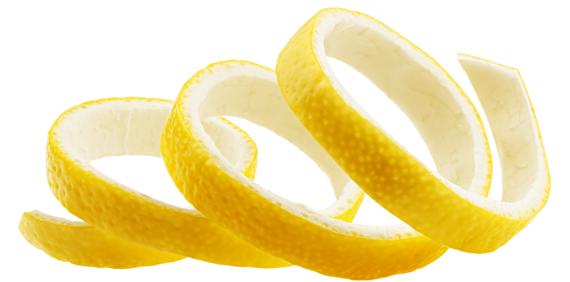 Four lemon peel spirals, yellow outer rind and white pith, arranged in a curved line on a transparent background.