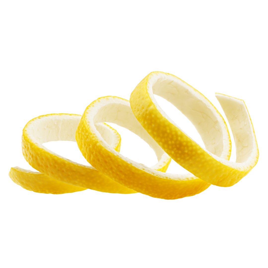 Lemon peel spirals floating on a white background.