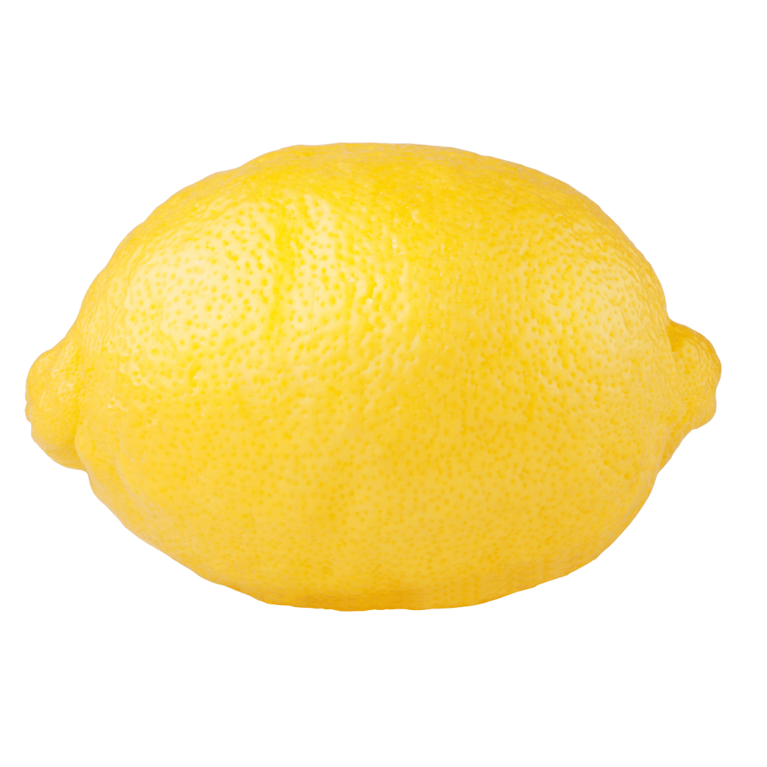 A bright yellow lemon with a textured skin, positioned against a black background.