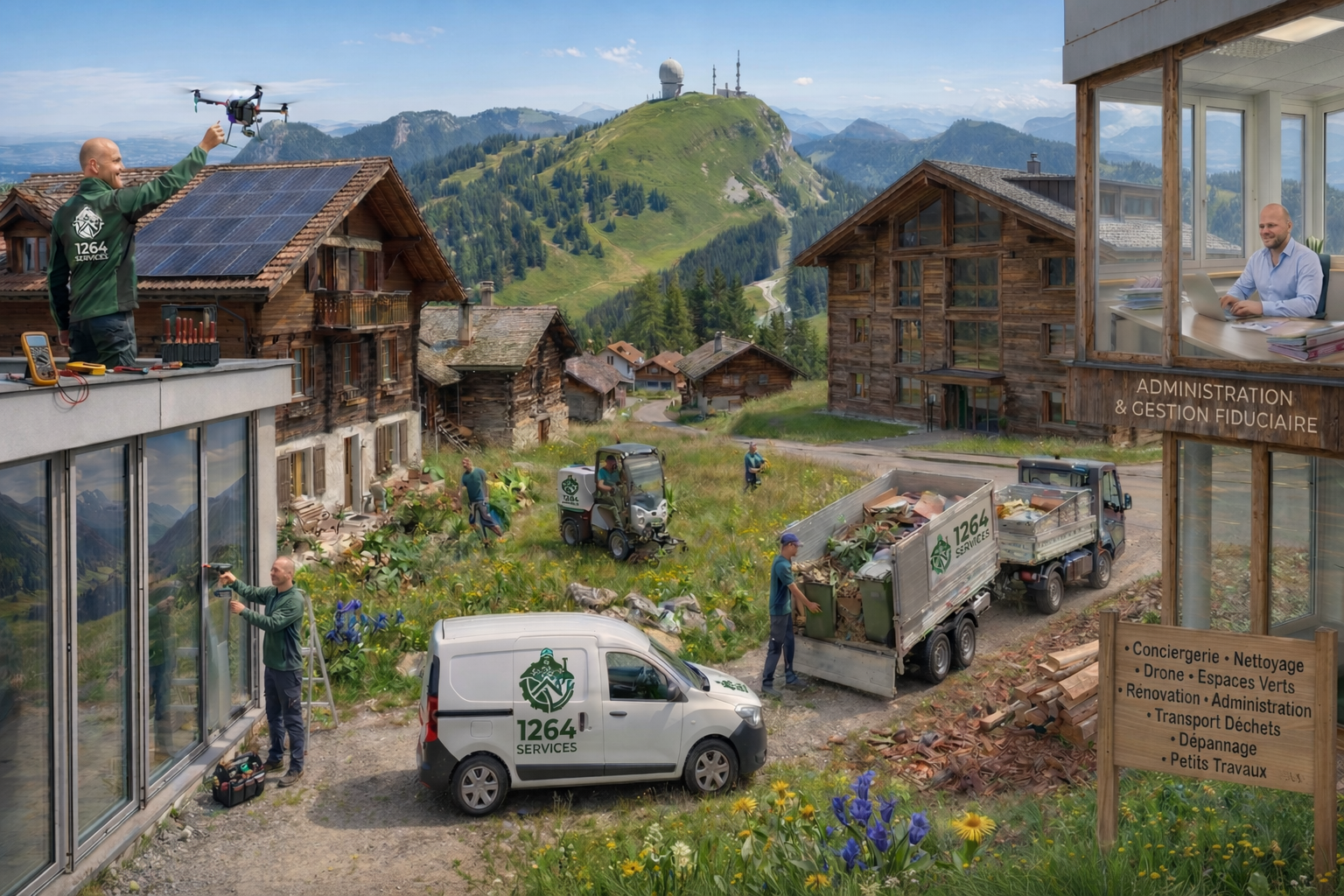 Une scène de nettoyage dans un village alpin avec voitures de service, employés en action et un drone piloté par une personne sur le toit d'un bâtiment. Montagnes en arrière-plan.
