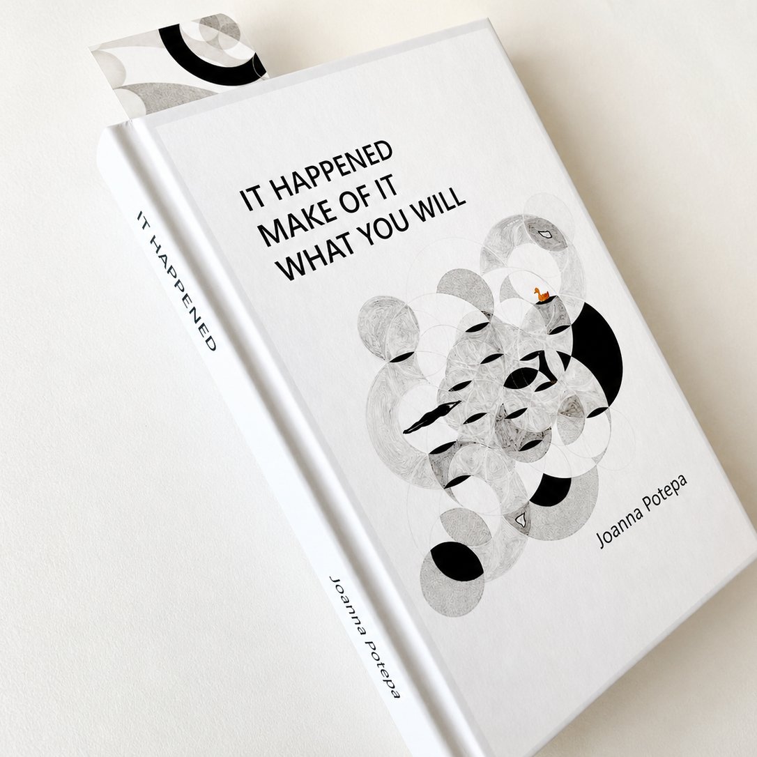 Signed hardback copy of It Happened: Make of It What You Will shown at an angle with the spine and matching bookmark visible.