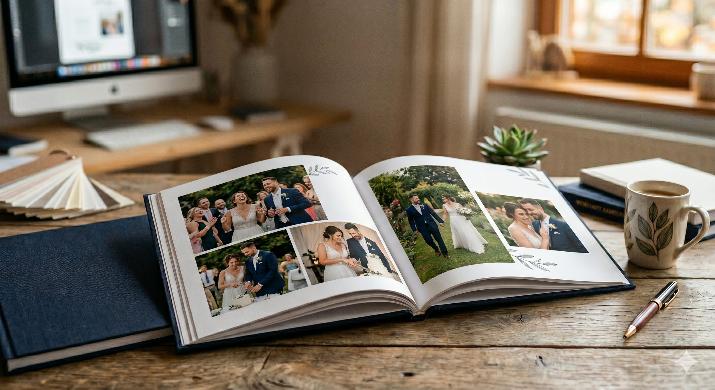 Ανοιχτό ψηφιακό άλμπουμ γάμου (photobook) πάνω σε ξύλινο γραφείο. Σχεδιασμός και εκτύπωση custom φωτογραφικών άλμπουμ υψηλής ποιότητας.