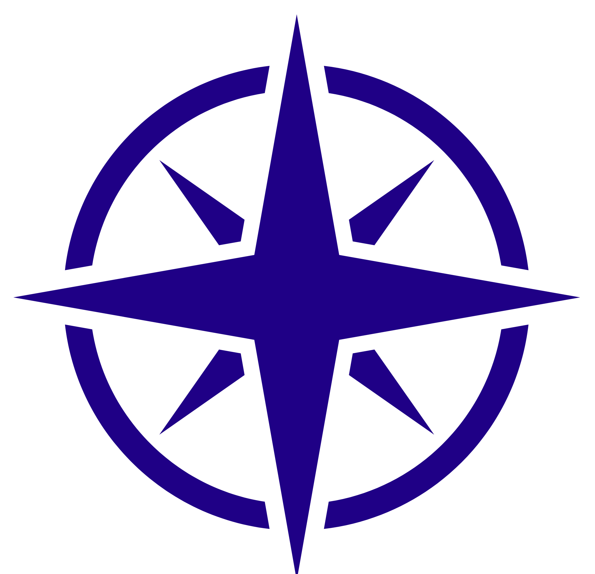 A blue and black compass rose symbol with four main points and smaller points indicating directions.