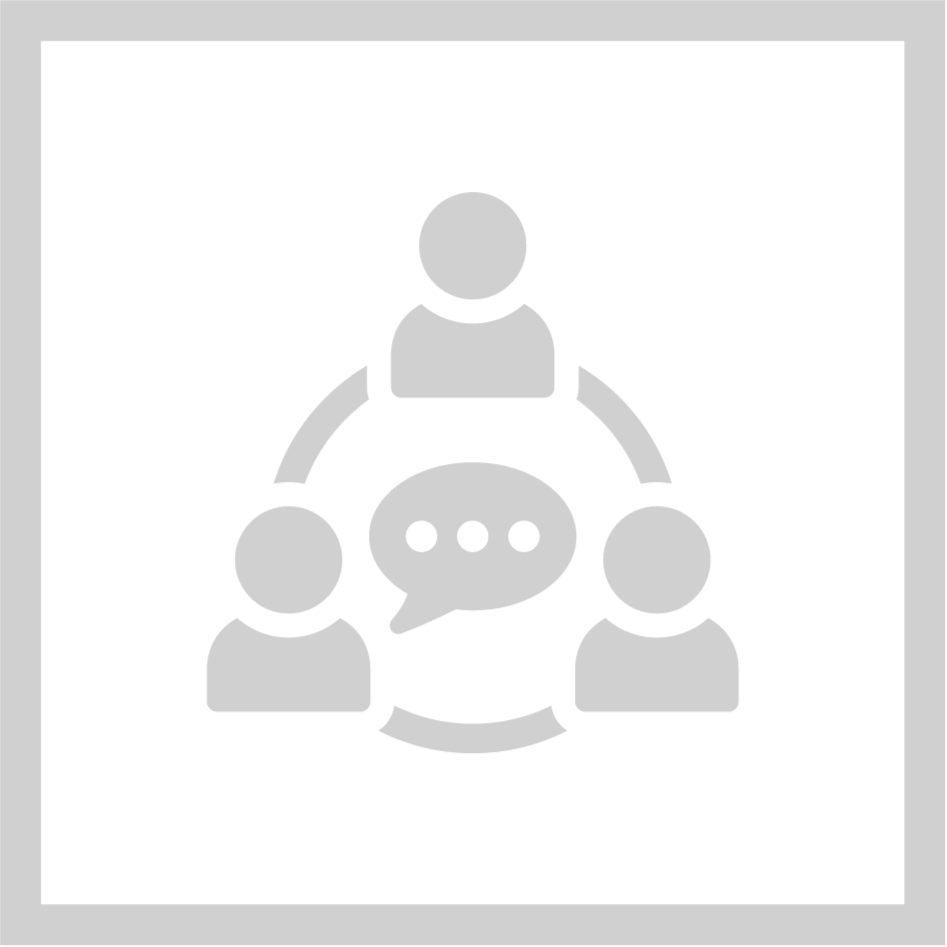 Symbol für Gemeinschaft oder Kommunikation mit drei Personen und einer Sprechblase in der Mitte.