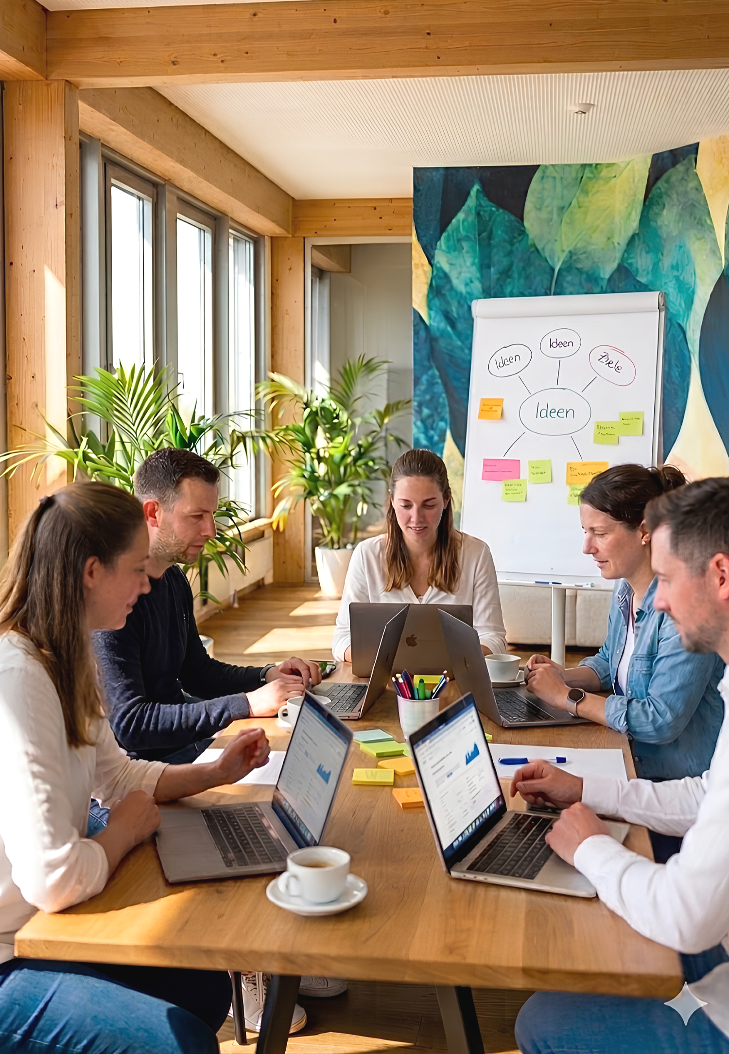 Menschen sitzen um einen Holztisch und arbeiten an Laptops in einem lichtdurchfluteten Raum mit großen Fenstern, Pflanzen und einer Wand mit Blättermotiv, während eine Person in der Mitte an einem Whiteboard mit Mindmap arbeitet.