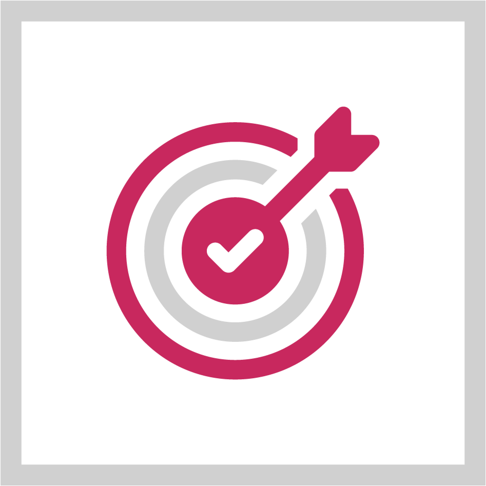 Symboldbild eines Bullseye-Ziels mit einer Pfeil und einem Hacken in der Mitte, symbolisiert Zielerreichung oder Erfolg.
