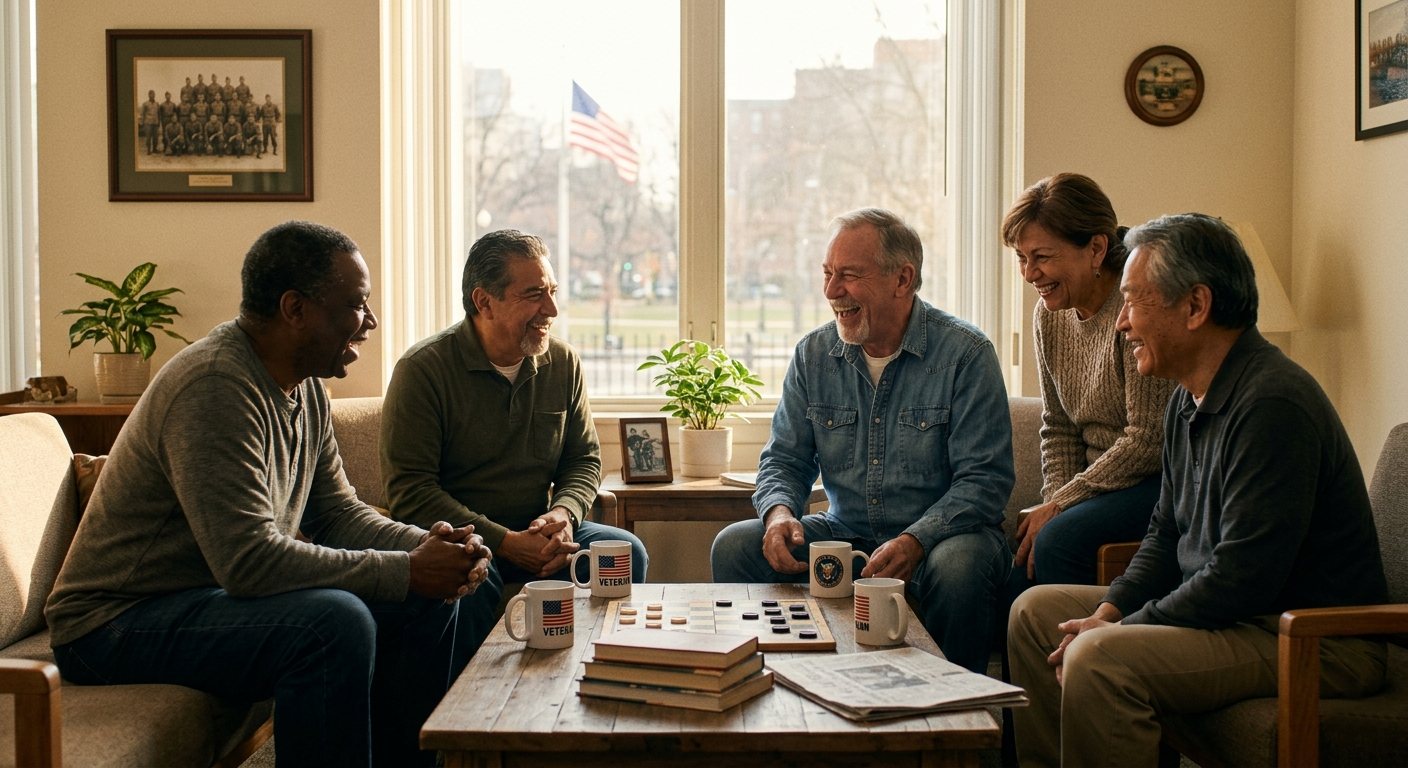 Six adults sitting in a living room, laughing and talking, with a coffee table in front of them. The table has books, newspapers, a board game, and four coffee mugs, some labeled 'Veteran'. There are framed pictures on the wall and a window with an American flag visible outside.