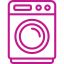 Line drawing of a washing machine with a circular door, outlined in purple.
