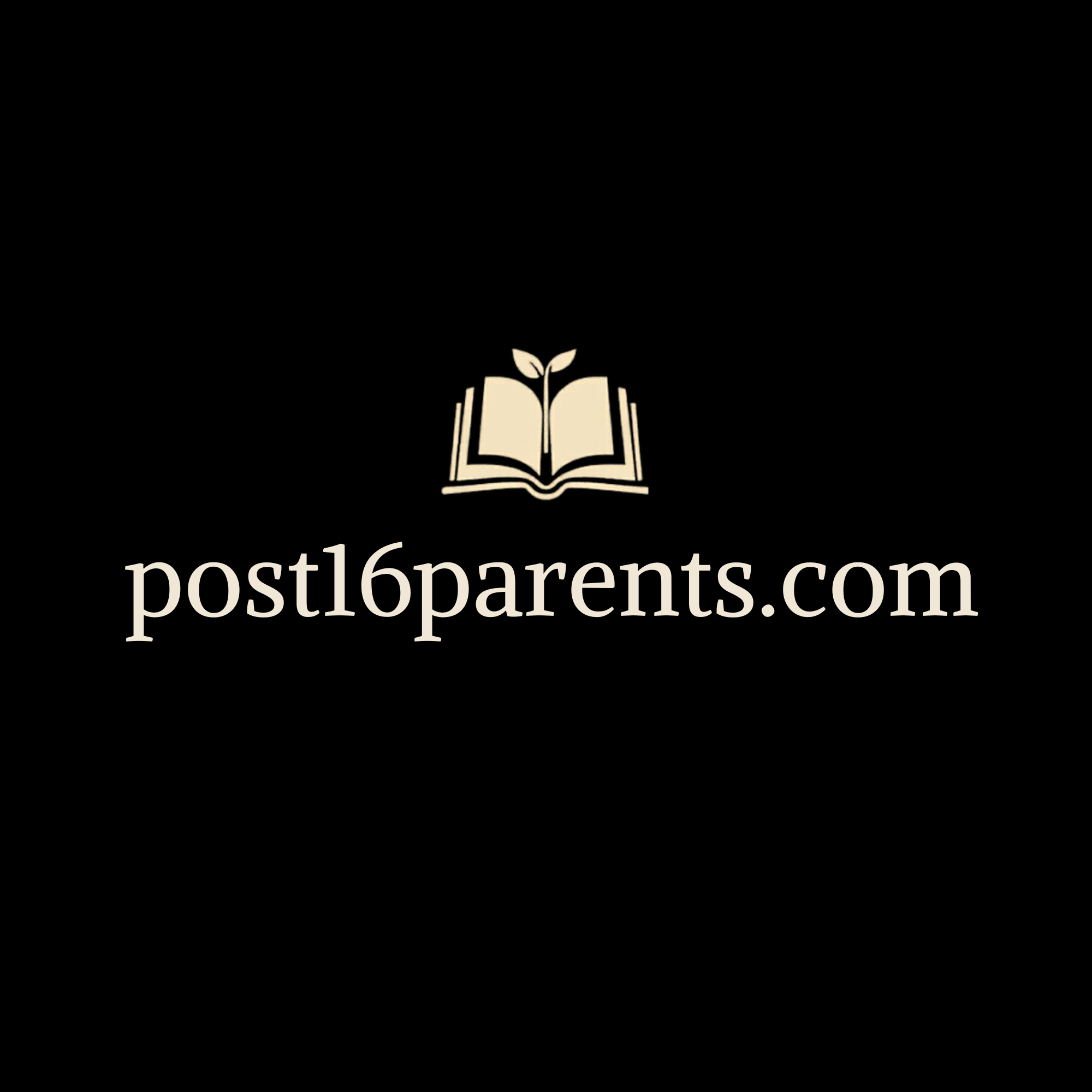 Logo of post16parents.com with an open book and sprouting leaves symbolizing growth and education