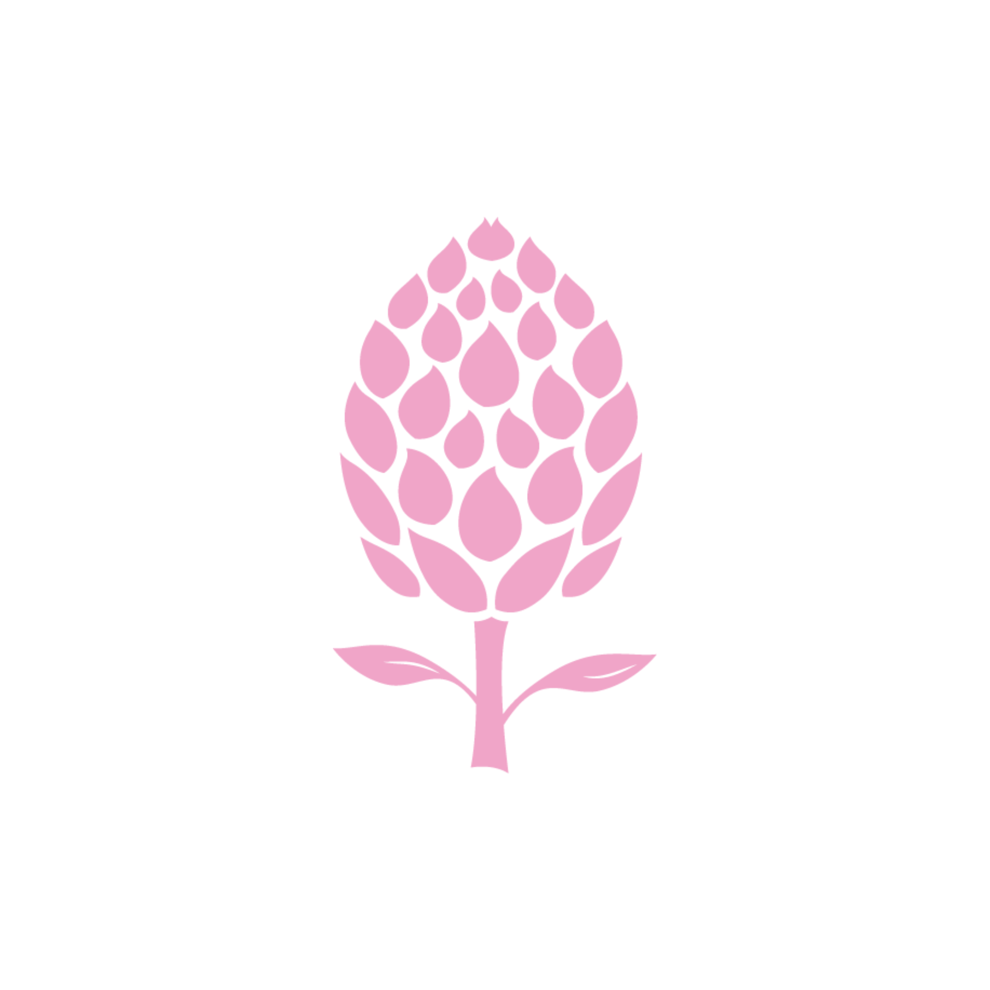 Une illustration d'un pissenlit stylisé en rose pale avec des pétales formant une tête de fleurs et une tige avec deux feuilles en bas.