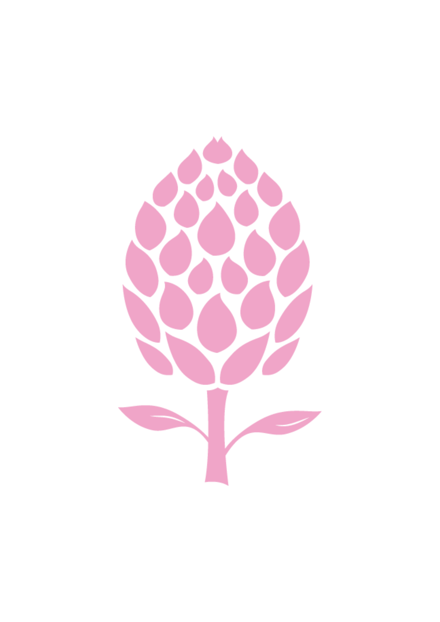 Une illustration d'une fleur stylisée de couleur rose pâle avec des pétales en forme de goutte d'eau et deux feuilles en bas.