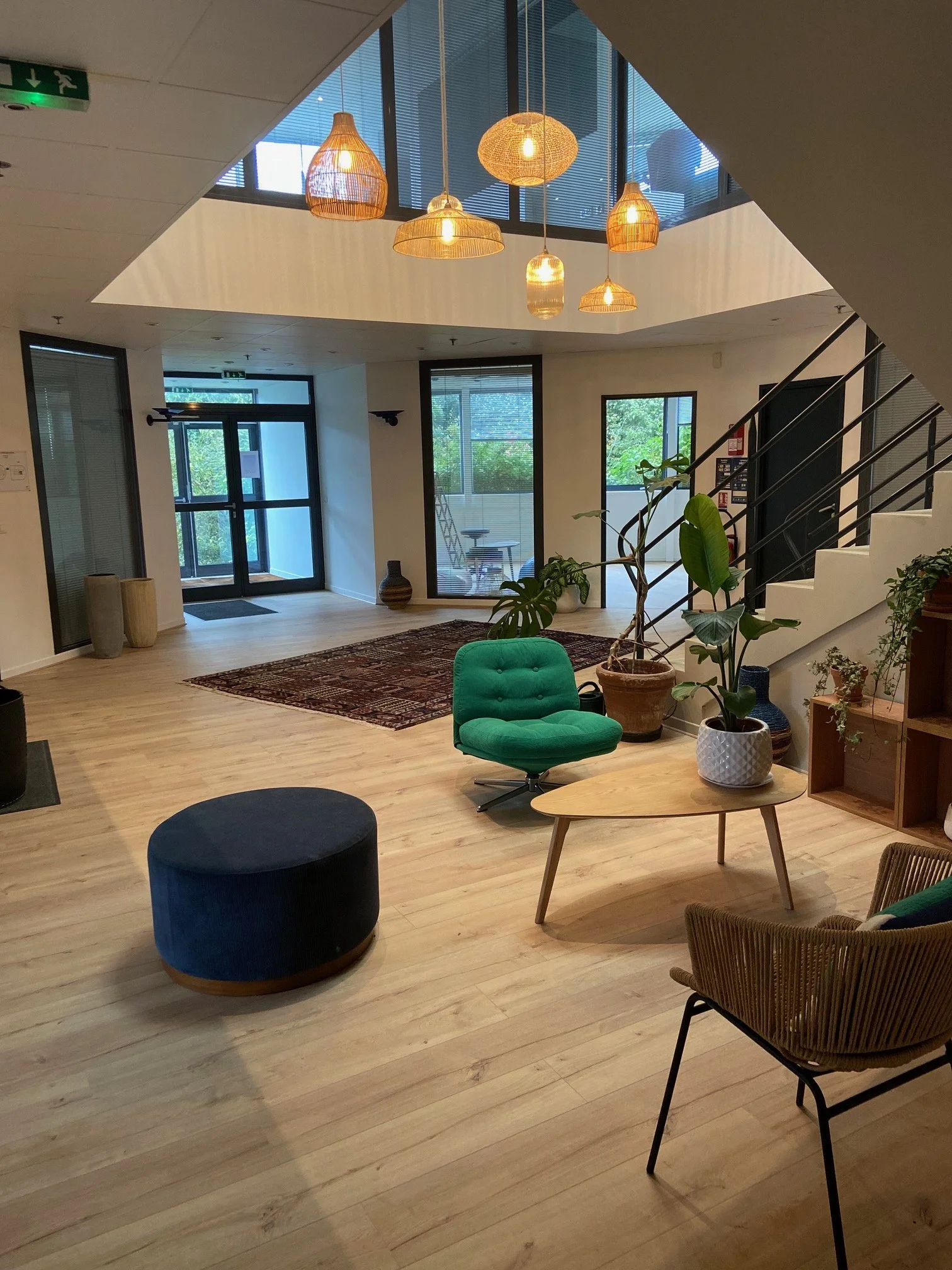 Intérieur moderne d'un hall accueillant avec un plafond à puits, suspensions en rotin, plantes vertes, mobilier en bois et un tapis antique.