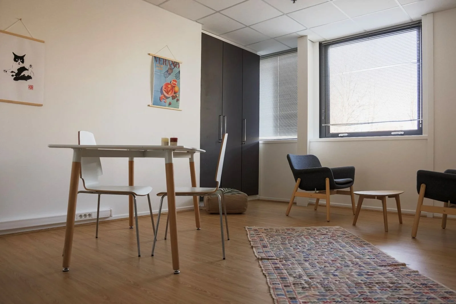 Salon lumineux avec deux fauteuils, un tapis, une table basse, un placard noir, deux fenêtres avec volets roulants, décorations murales, et un parquet en bois clair.