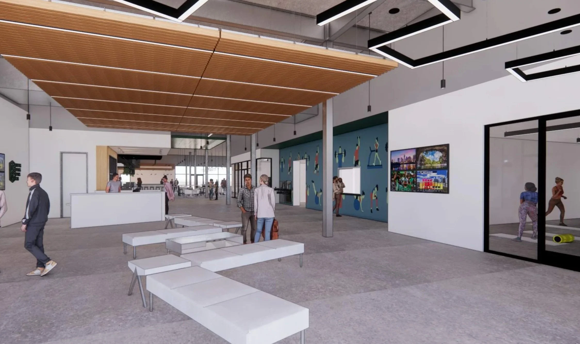 Interior rendering of DSSC Flagship front entry lobby and fitness training spaces in the future Dripping Springs campus.