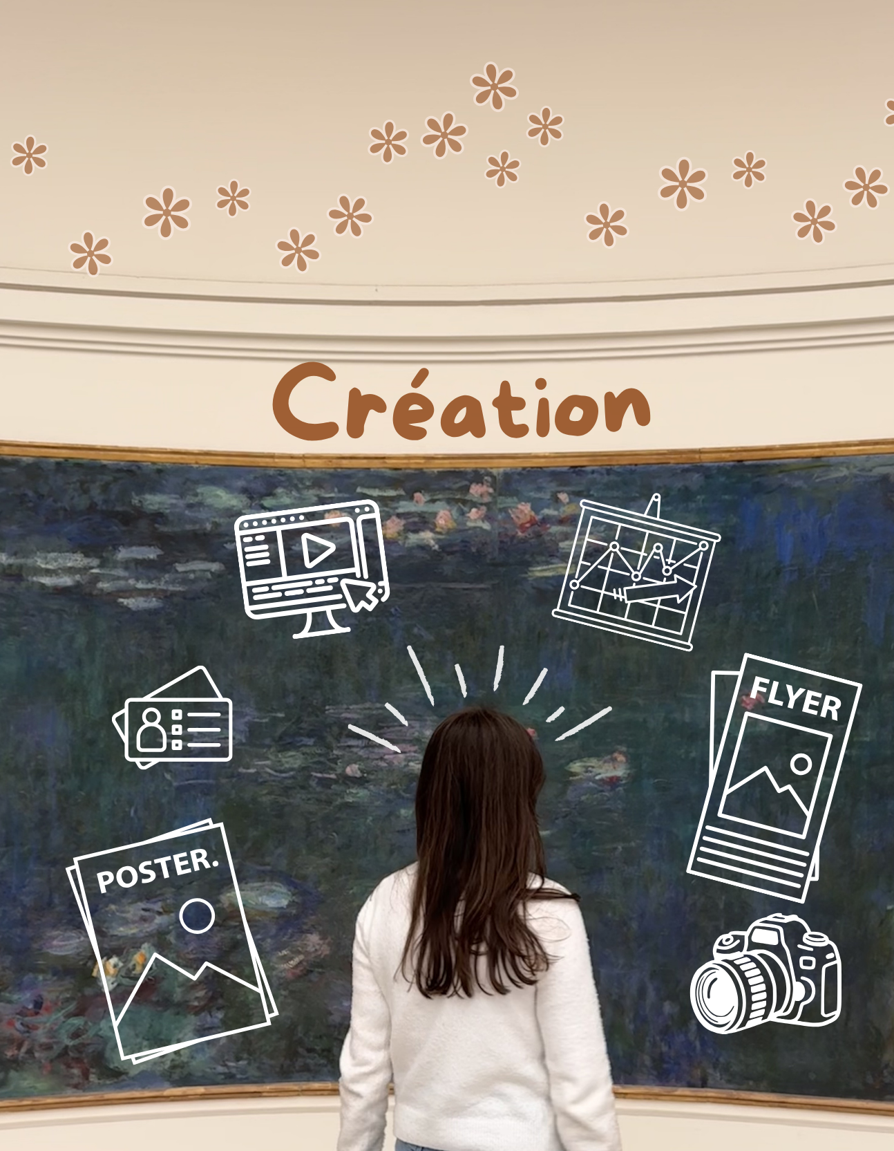 Une femme regarde une peinture dans un musée avec des dessins illustrant la création artistique comme un site web, une affiche, des cartes, une planche de graphique et un appareil photo, ainsi que le mot 'Création' écrit en lettres brunes.
