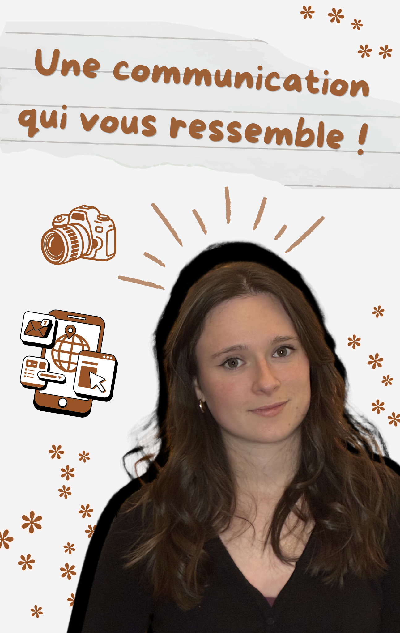 Une femme avec des illustrations de carte, caméra, téléphone et icônes numériques, texte en français "Une communication qui vous ressemble !"