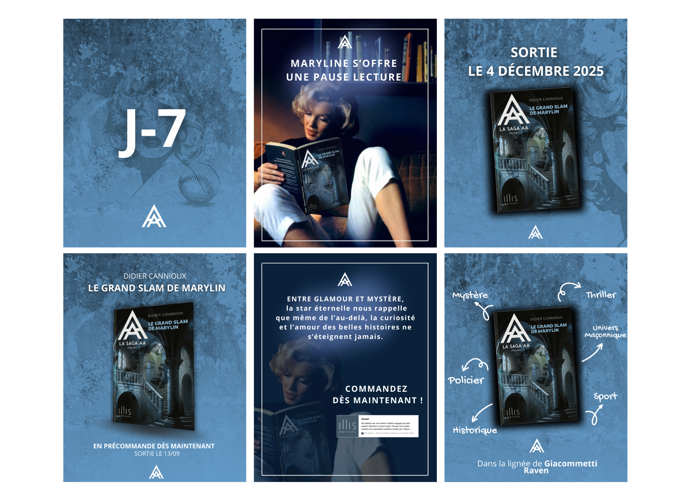 Exemple de six postes Instragram adapté pour la sortie du livre. On y voir la couverture du livre, un résumé, un compte à rebours avant la sortie du livre et également les thèmes que le livre aborde.