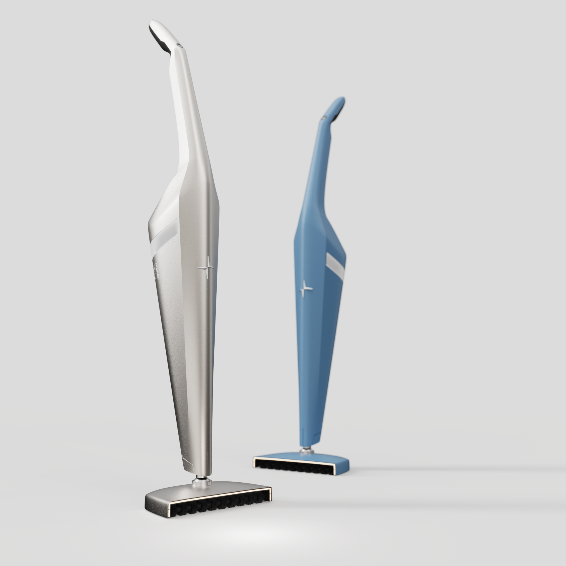 Two modern robot vacuum cleaners, one white and one blue, standing upright with their cleaning bases on a light gray background.