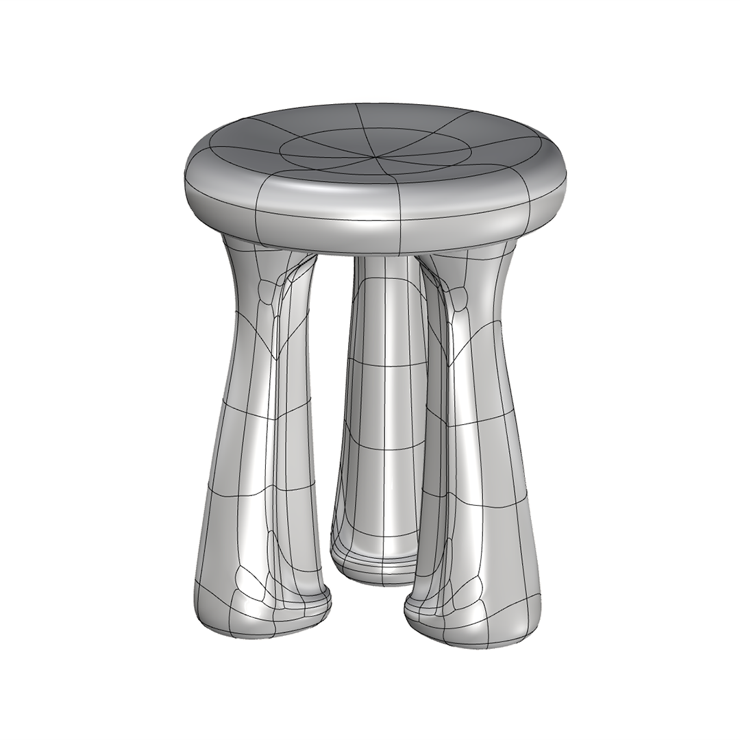 3D model of a small stool with a round cushioned seat and three curved legs.