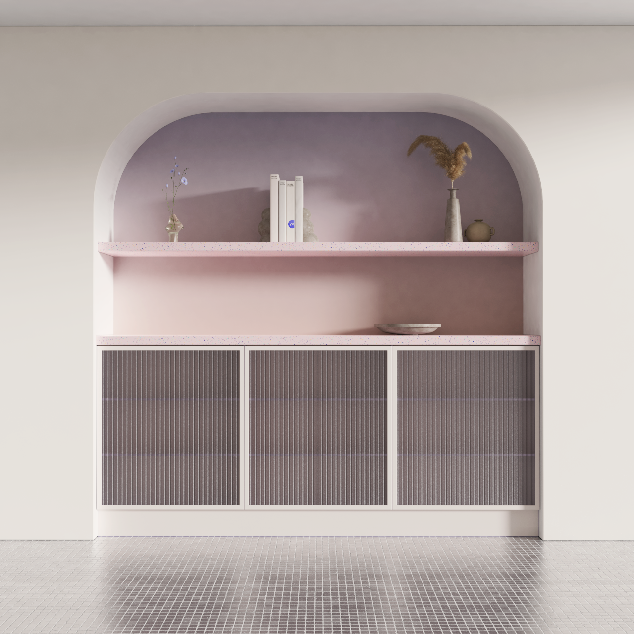 A minimalist wall cabinet with pink shelves and a white frame, decorated with vases and books, against a purple background wall and a tiled floor.