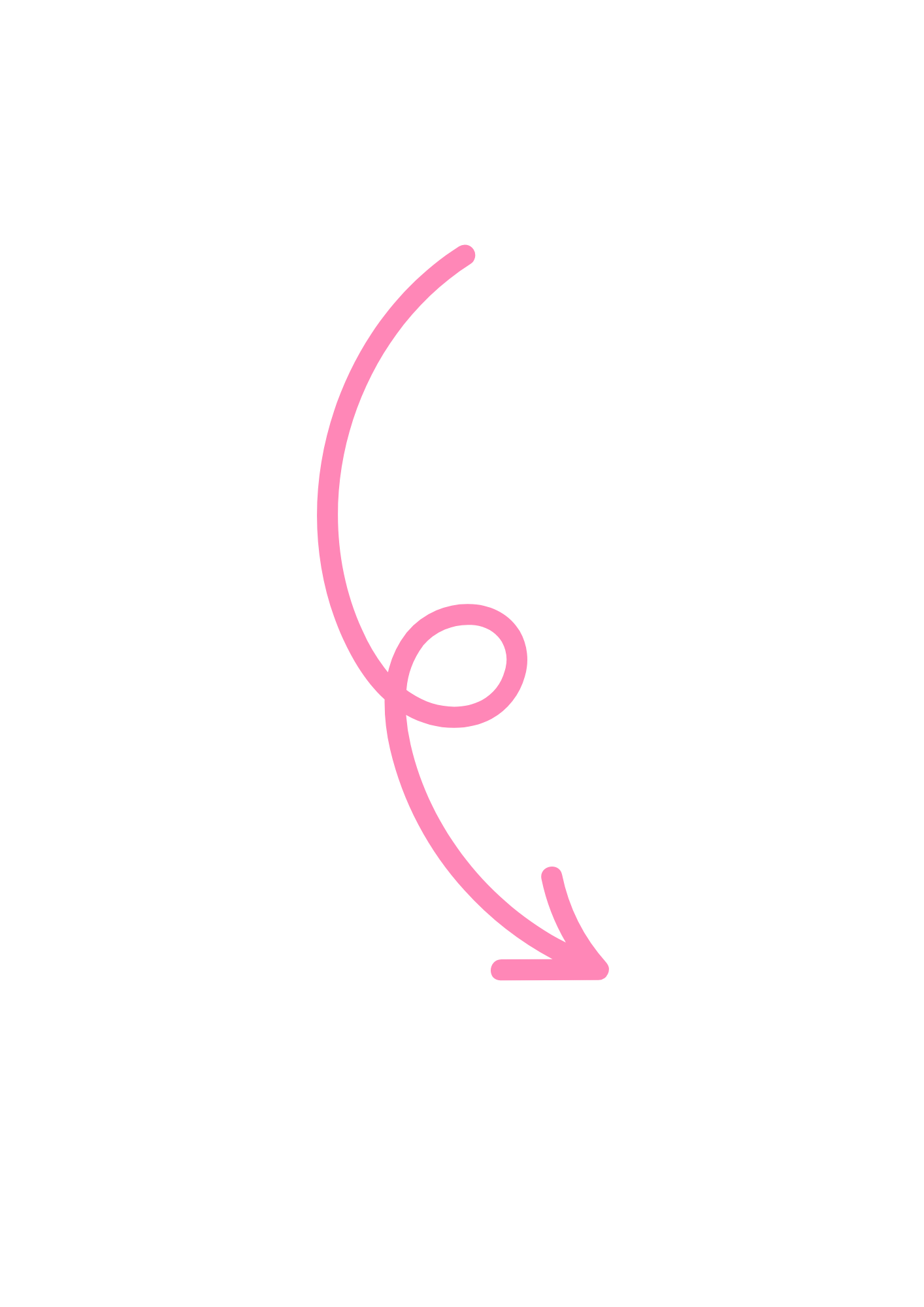 Pink arrow pointing downward with a circular loop in the middle on a black background.