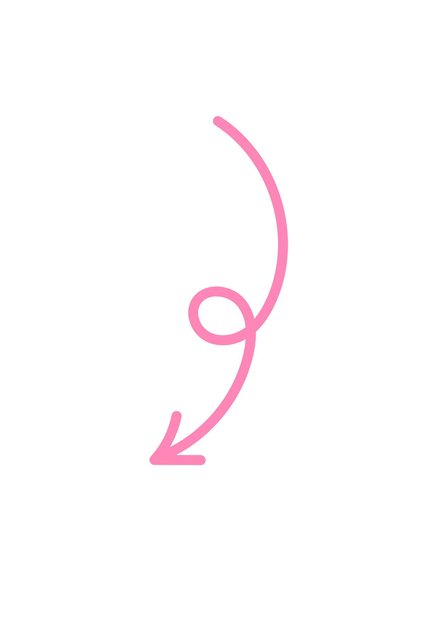 Pink arrow pointing downward with curly tail in the center of a black background.