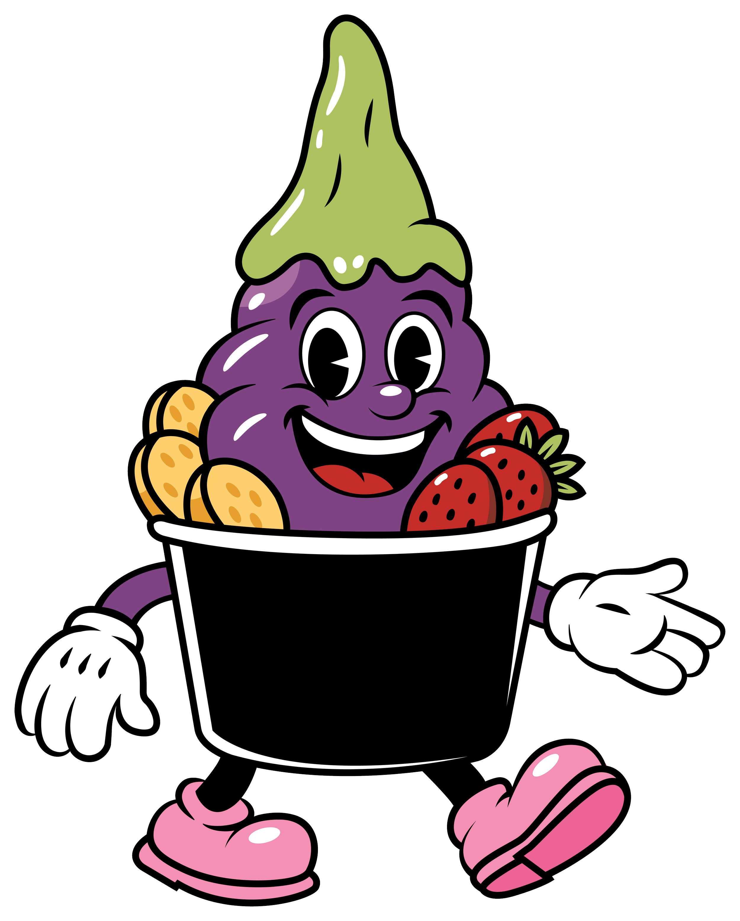 Cartoon purple character with a big smile, wearing pink shoes, white gloves, and a black body, holding strawberries and surrounded by strawberries, with green top on its head.